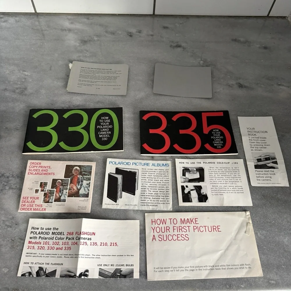Vintage Polaroid 335 Automatic Land Camera Leather Case, Flash, Manuals Extras‎